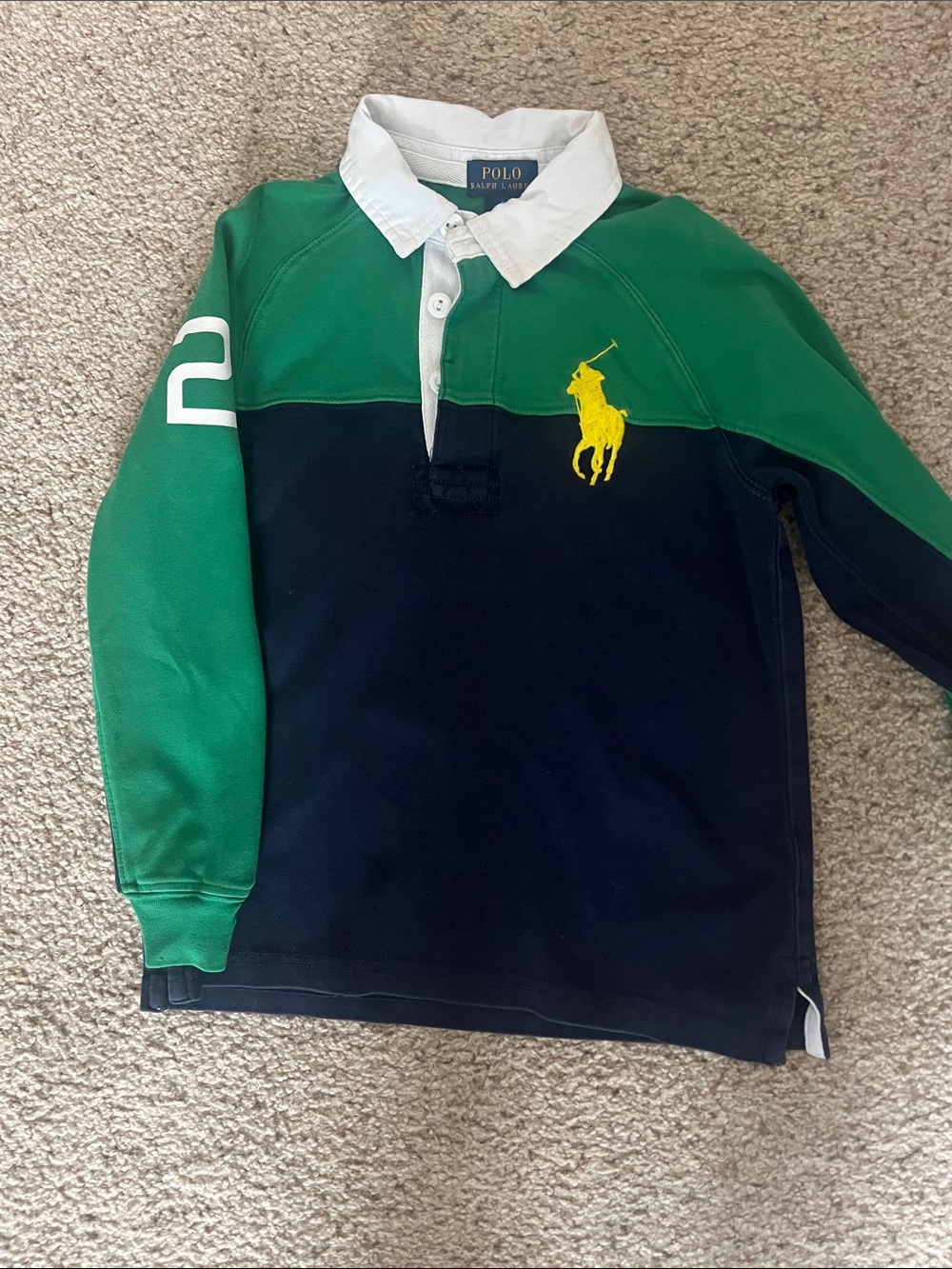 Polo by Ralph Lauren Green, Navy & White Rugby Shirt with Yellow Pony